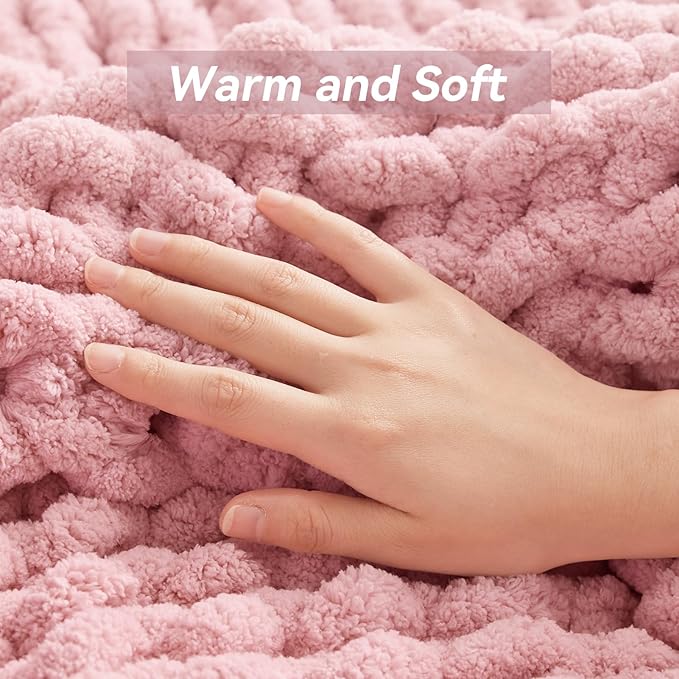 Chunky Knit Throw Blanket, 60''*80'' Knitted Throw Chenille Yarn for Bed Couch, Handmade Light Pink Crochet Big Thick Blanket, Machine Washable Cute Comfy Blanket for Home Decor