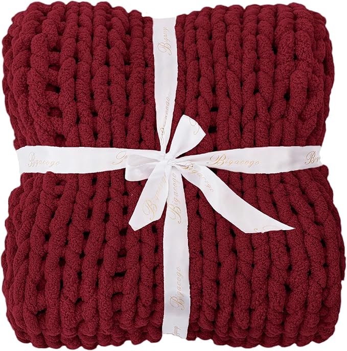 Bigacogo Chunky Knit Throw Blanket for Couch, 40x60 inches, 100% Hand Knitted with Thick Jumbo Chenille Yarn, Cozy Soft Large Rope Knot Cable Crochet Blankets for Sofa Bed Living Room, Red