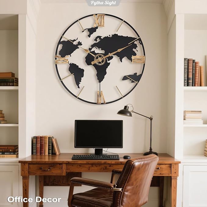 30 Inch Large Modern Decorative Metal World Map Wall Clocks Giant Extra Vintage Gold Roman Numeral Oversized Wall Clock for Living Room,Office,Dining Room,Entryway,Fireplace