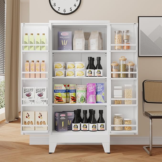 51" H Metal Kitchen Pantry Storage Cabinet, Freestanding Cupboard Storage Cabinet with Doors and Adjustable Shelves, Large Stand Up Food Cupboard for Living Room, Dinning Room, White