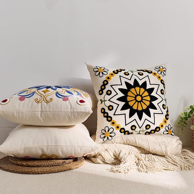 Embroidered Throw Pillow Cover 18x18 Classic Boho Floral Pattern Pillows Cover Outdoor Decorative Pillowcase,Durable Cozy Textured Cushion Case for Sofa Couch Bed Living Room,Black Orange