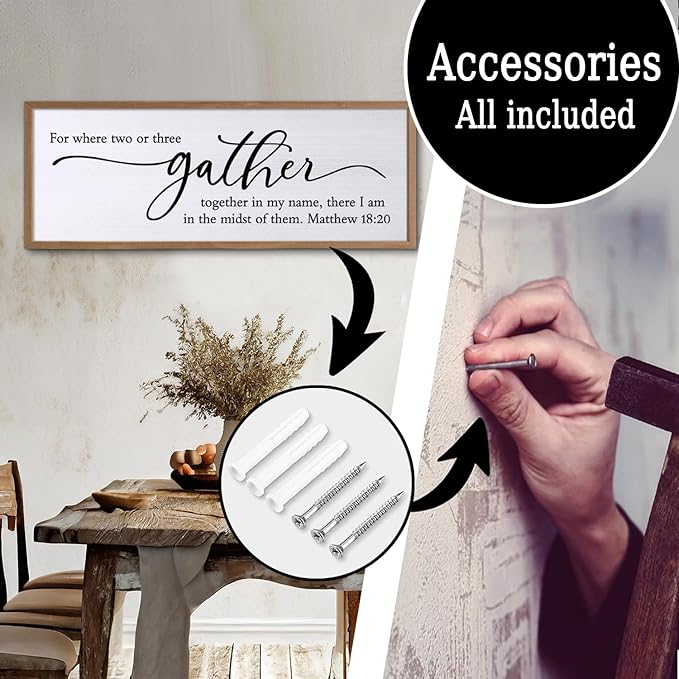 For Where Two Or Three Gather Sign Dining Room kitchen Wall Decor Bible Verse Scripture Matthew 18:20 Wooden Frame 32X12 Inch for Christian Family Hanging Art (Wood)