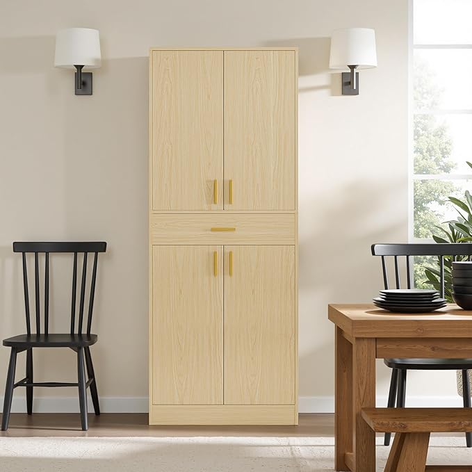 Cozy Castle Pantry Cabinet, 71" Tall Kitchen Storage Cabinet with Doors and Shelves, Freestanding Wood Cupboard Utility Hutch with Drawer for Dining Room Living Room Bathroom Furniture, Oak