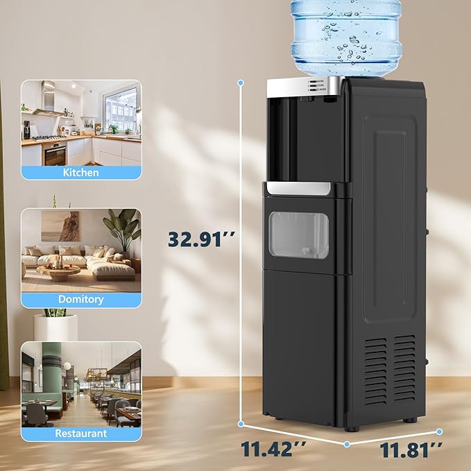 COWSAR 3-in-1 Water Cooler with Ice Maker, Hot & Cold Top Loading, Water Dispenser for 5 Gallon Bottle, 33LBS/24H Ice Maker with Child Safety Lock, Black