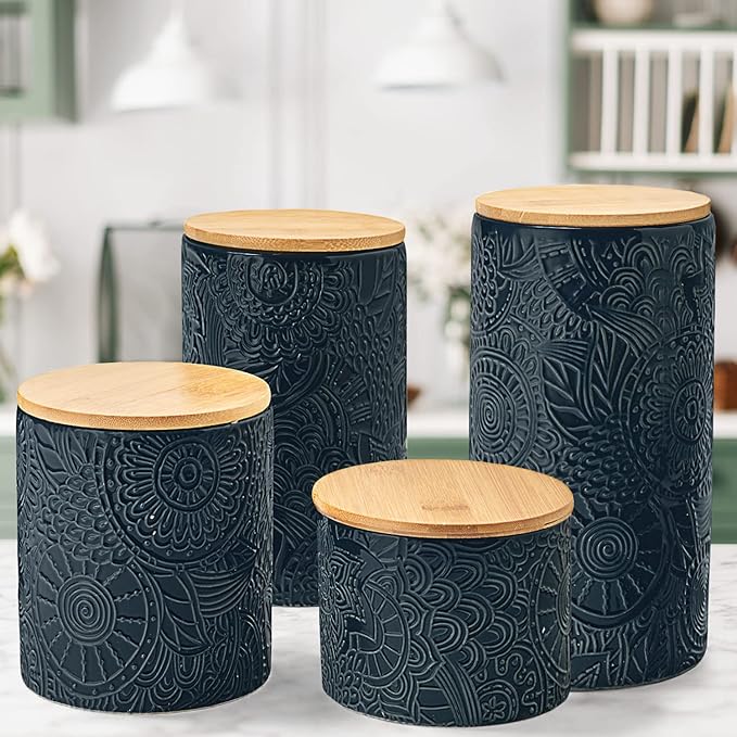 American Atelier Embossed Canister 4-Piece Ceramic Set Jar Container with Wooden Lids for Cookies, Candy, Coffee, Flour, Sugar, Rice, Pasta, Cereal & More
