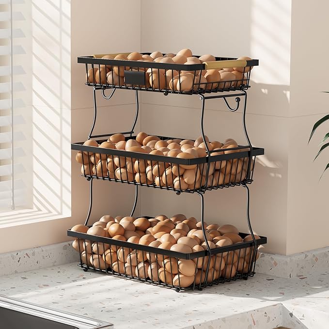 3 Tier Fruit Basket for Kitchen Counter with 2 Banana Hangers, Countertop Metal Fruit Bowl with Wooden Handle, Large Storage Stand for Vegetables, Snacks, Breads, Produce Storage – Black