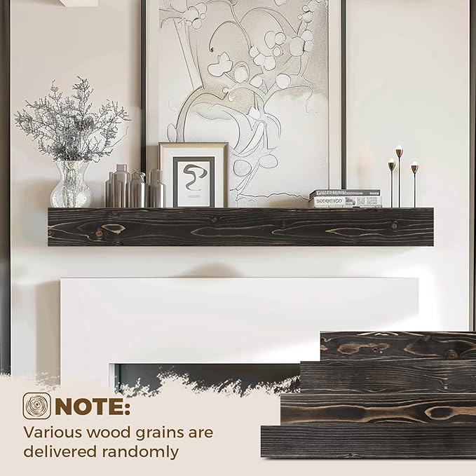 56x8x3 Fireplace Mantel - Handcrafted Hollow Rustic Solid Wood Wall Mounted Floating Shelf with Invisible Heavy Duty Wood Bracket (Weathered Black)