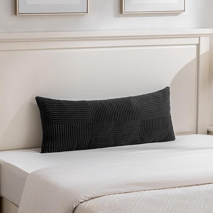 Fancy Homi Set of 2 Black Boho Long Lumbar Body Decorative Throw Pillow Cover 14x36 Inch for Bed Couch Bedroom Bench, Soft Patchwork Corduroy Textured Pillow Case, Rustic Farmhouse Room Décor