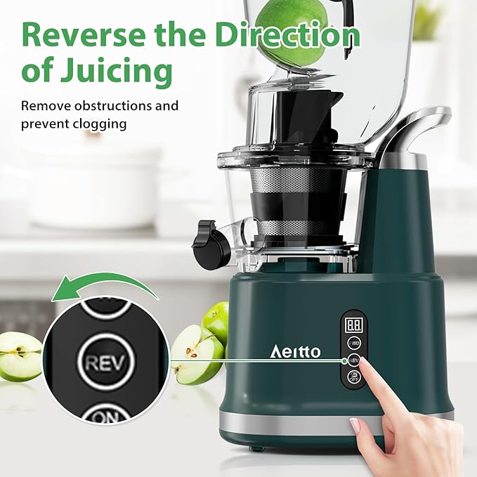 Cold Press Juicer,Aeitto Slow Masticating Juicer with Wide & Dual Feed Chute for Vegetables and Fruits, High Juice Yield, Self Feeding for Juice Extractor, BPA-Free, Dark Green