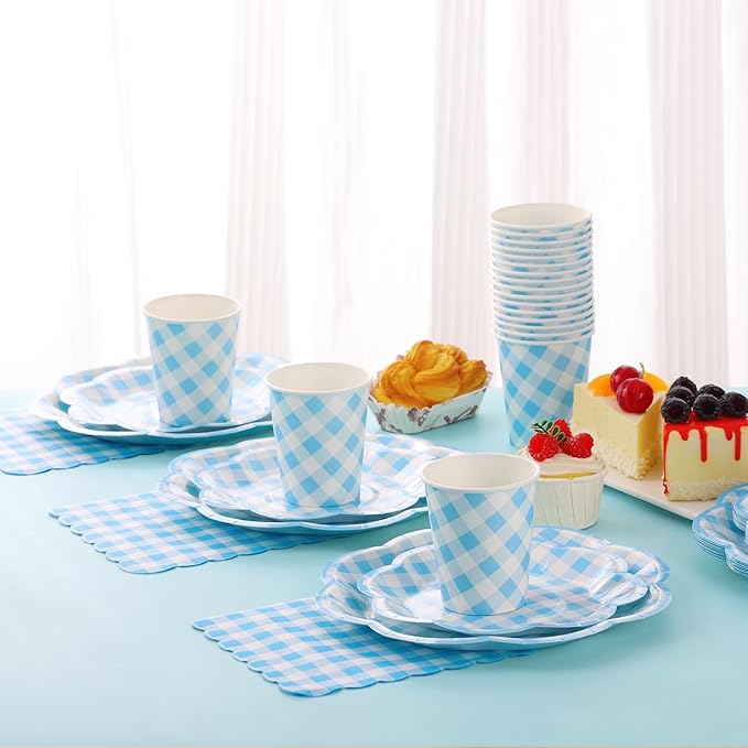 175 Pcs Blue Gingham Plates and Napkins Party Supplies - Blue and White Checkered Plates Sets Serve 25 Guests - Scalloped Gingham Paper Plate for Birthday Dinner Wedding Baby Shower Party Decorations