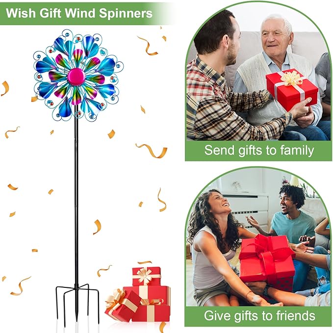 60'' Wind Spinner with Color Glass Ball Solar Lights, Blue Peacock Feathers Metal Garden Outdoor Decor Yard Lawn Art Decor for Patio Kinetic Windmills Unique Gifts for Friends and Family