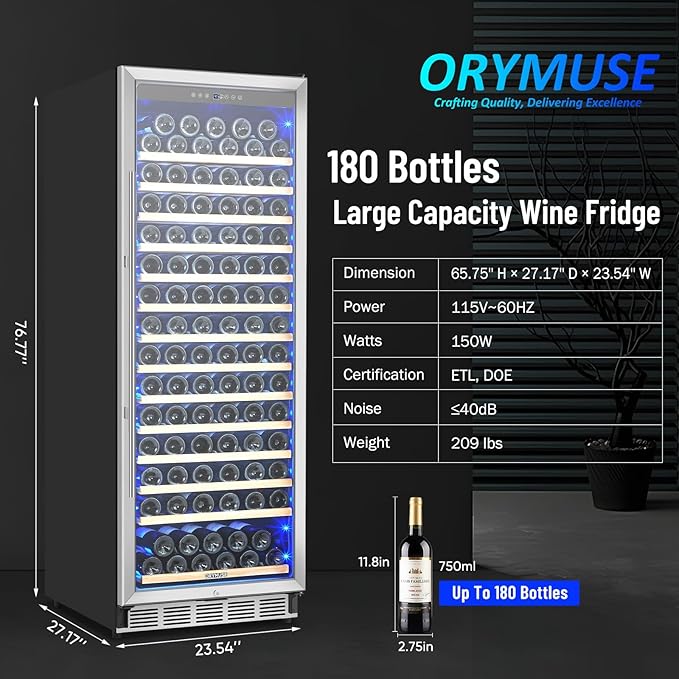 Freestanding 180 Bottle Wine Fridge - 24" Built-in Cooler with Upgraded Compressor Cooling and Intelligent Temperature Memory, Large Capacity Refrigerator