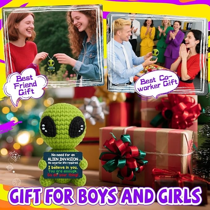 Cool Alien Decor Inspirational Gifts for Boys Girls Friends Positive Animal Crochet Alien for Daily Encouragement Self Affirmation Son Daughter UFO Geeky Decor