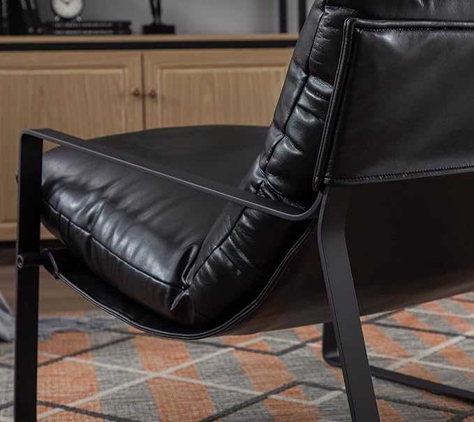 DUOMAY Mid-Century Accent Chair Armchair, Comfy PU Leather Leisure Chair Lazy Chair with Metal Leg for Living Room Bedroom Office Apartment, Black