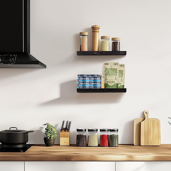 Floating Wall Shelves - 16"x6.8"x1.2" Sturdy Rustic Black Solid Wood Shelves for Storage and Décor, Easy Installation for Living Room, Bedroom, and Kitchen - 2 Pack