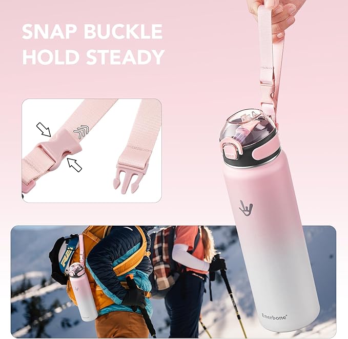 Enerbone 32 oz Insulated Water Bottle, Stainless Steel Bottle with Carrying Strap, Double-Wall Vacuum Insulation Design, Leakproof Sports Bottle with Straw, Keep Drinks Cold or Hot for Hours