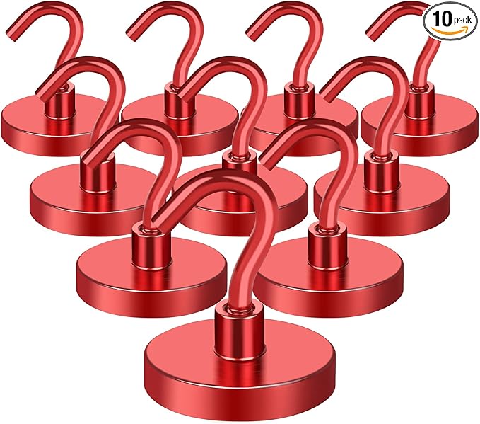 MIKEDE Strong Magnetic Hooks, 110Lbs Heavy Duty Magnetic Hooks for Cruise, Neodymium Earth Magnets with Hooks for Hanging, Super Metal Magnetic Hanger for Grill, Storage (Red,10 Pack)
