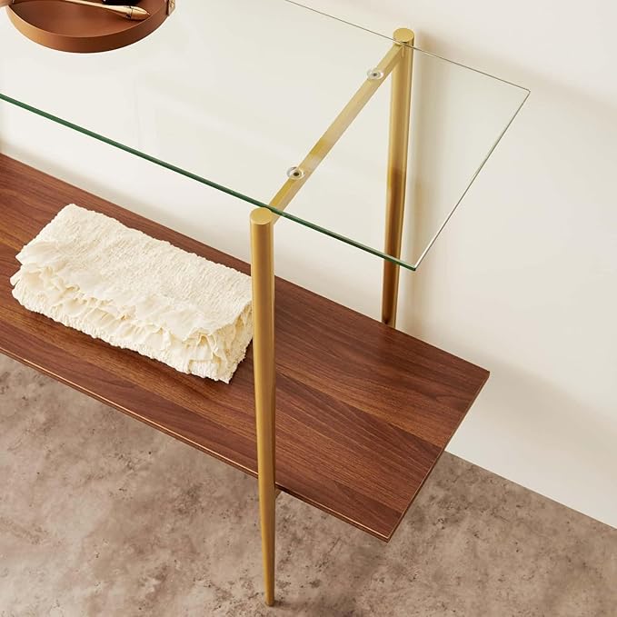 Glass Console Table for Living Room, Foyer & Entrance, 2-Tiers Mid-Century Modern Sofa Table with Clear Glass Top, Walnut Finish Wood Top and Gold Finish Metal Frame
