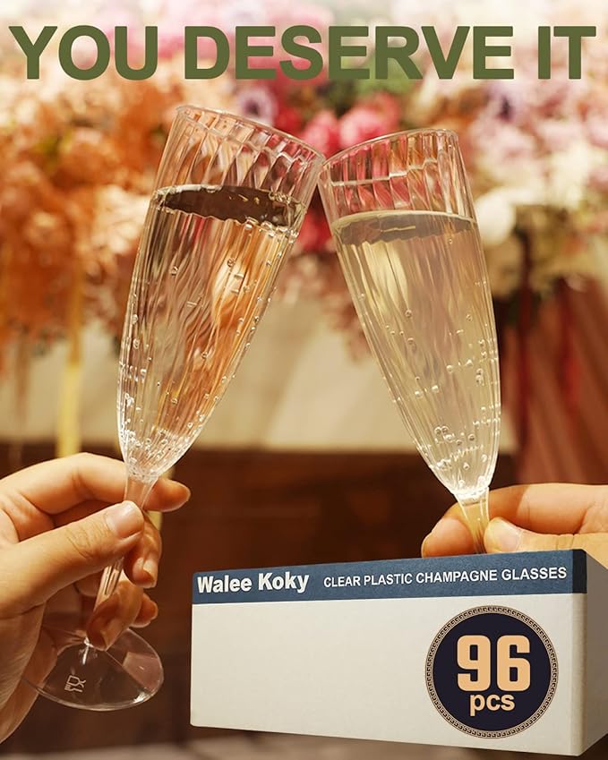 Clear Plastic Champagne Flutes, 96 PCS Disposable Reusable Cocktail Cups for Home Daily Life Party Birthday Wedding Toasting Drinking Champagne (6 oz)