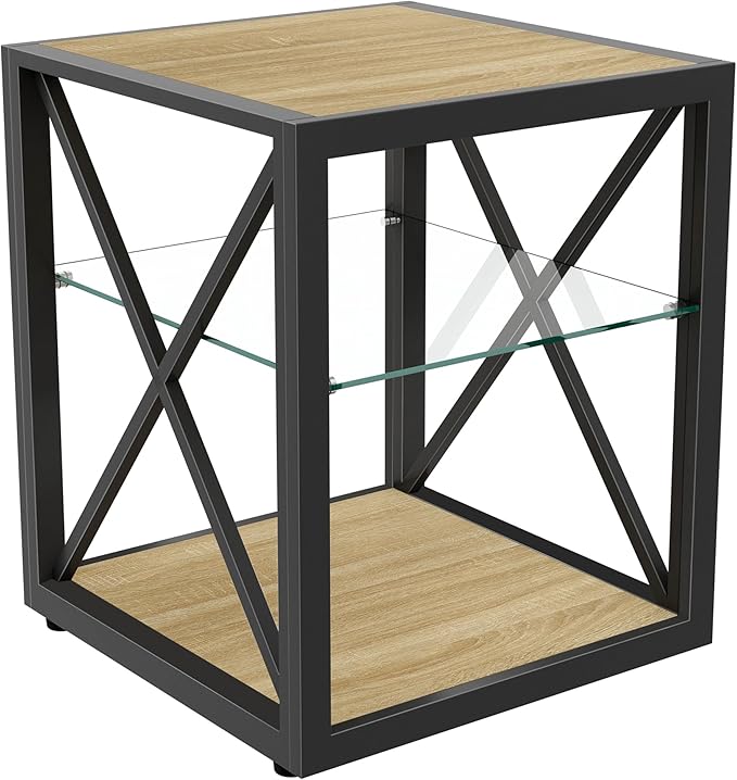 Farmhouse End Table Set of 2, Modern Side Table with 3-Tier Storage Shelf, Square Rustic Nightstand, Accent Tea Table, for Bedroom Office Living Room, Brown, Natural Wood, Glass, Metal