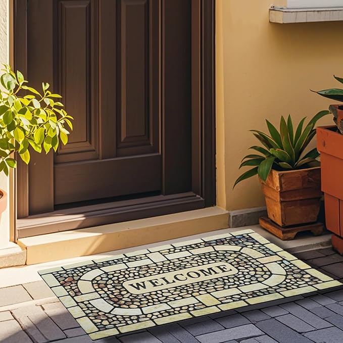 Door Mat Welcome Mat, Heavy Duty Door Mat 17.7 x 29.5 Inch Front Door Mat Rug Doormat for Outdoor Entrance Home Non-Slip Rubber Rug for Front Door, Outside, Entryway, Patio (Yellow Welcome)