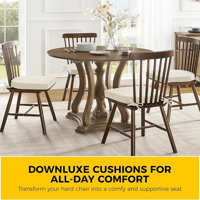 downluxe Indoor Chair Cushions for Dining Chairs, Foam Kitchen Chair Pads with Ties and Non-Slip Backing, 16" x 16" x 2", Beige, 6 Pack