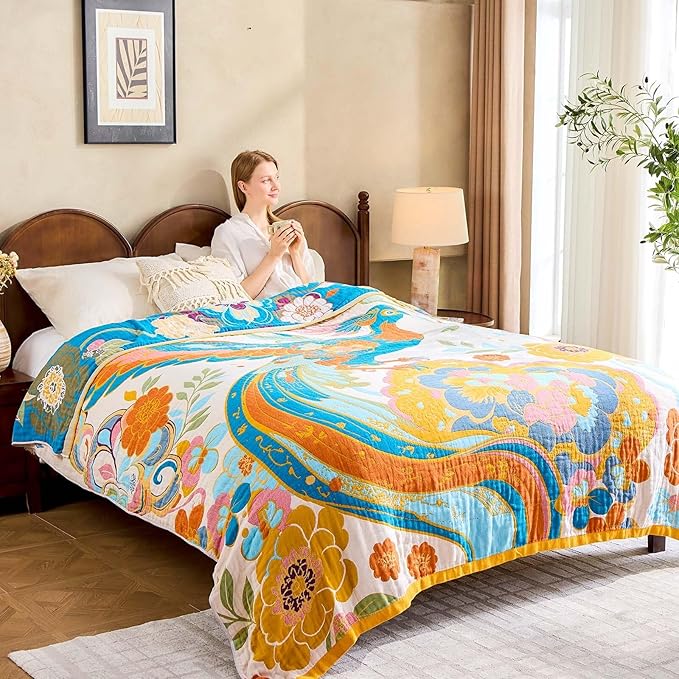 Boho Throw Blanket, Lightweight Blankets for Summer, 100% Cotton Bohemian Decorative Throw Blanket, 50"x60" Reversible Muslin Breathable Woven Farmhouse Blankets Quilt,