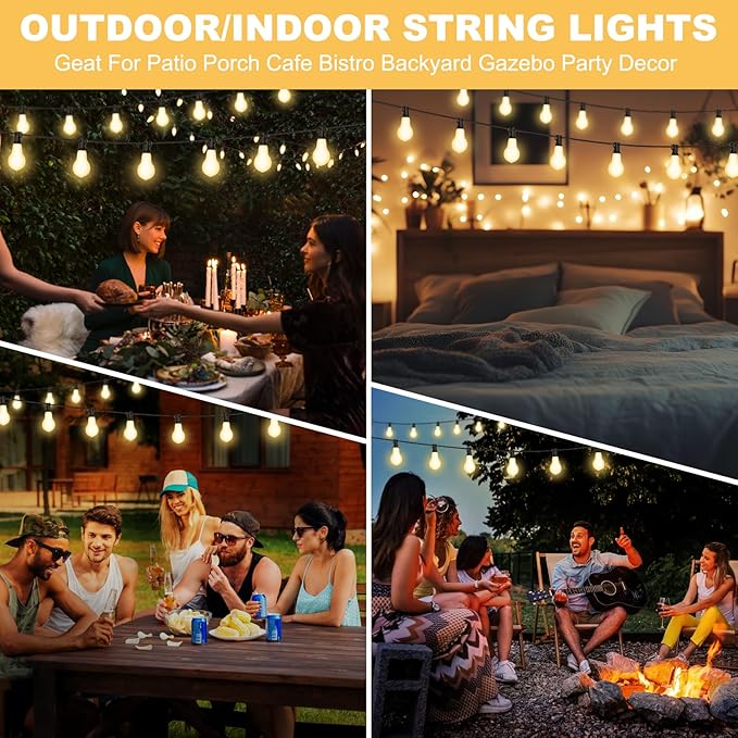 75FT Outdoor String Lights Waterproof with 50+4 Bulbs (1.5FT Bulbs Spacing), Remote & Dimmer, Commercial Patio String Lights with 3 Mode Light & Timing, 100PC Mounting Ties for Outside