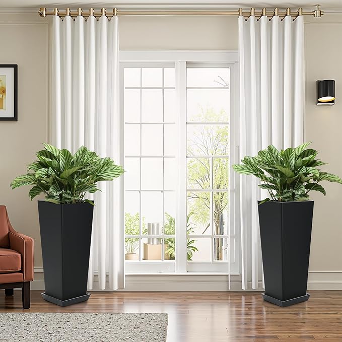 FENCY Set of 2 Tall Planters for Outdoor Plants, 24 Inch Large Tapered Pots with Drainage Trays, Weather-Resistant Plastic Plant Containers for Patio, Porch, Garden, Front Door Decor,Black