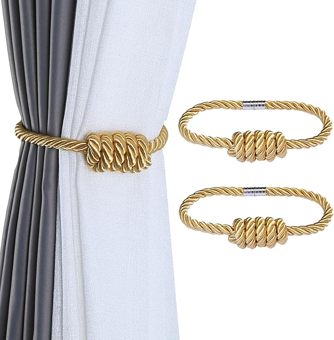 Fenghuangwu 2Pack Magnetic Curtain Tiebacks – Bohemian Style Handmade Woven Tie-Backs for Drapes,Elegant Exquisite Knot Holdbacks,Outdoor Boho & Modern Home Decor(Gold