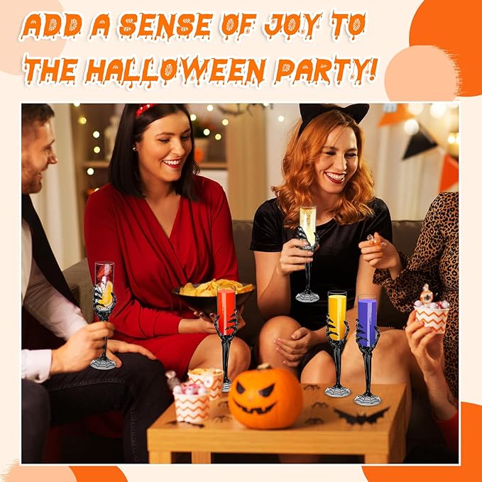 Bokon 48 Pcs Halloween Champagne Flutes Bulk Plastic Stemware Halloween Skeleton Hand Plastic Goblets Creepy Champagne Flute for Party Decoration(Black)