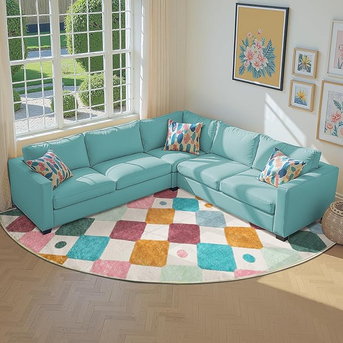 jinchan Kids Rug for Classroom 7ft Radius Corner Washable Area Rug Modern Colorful Quarter Circle Rug Soft Non-Slip Carpet for Nursery Playroom Daycare Reading Nook Living Room Confetti on Cream