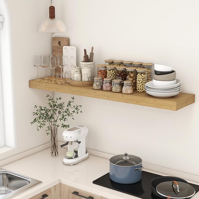 Deep Floating Shelves for Wall - 55 Inch Wide x 12 Inch Deep Wall Shelves Set of 1 - Rustic Oak Color Wood Shelves for Living Room, Bathroom, Laundry Room, Bedroom, Kitchen, Home Office