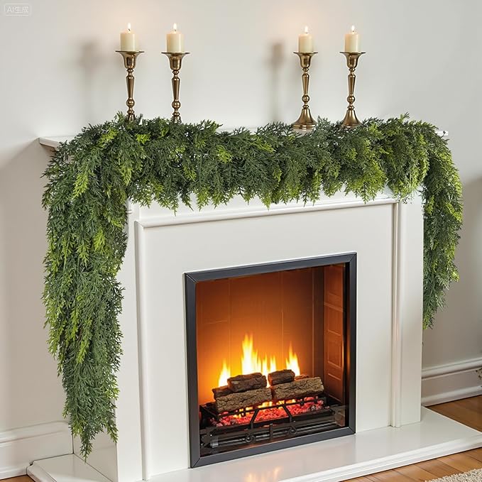 9 ft Christmas Garland, Cedar Garland, Real Touch Cypress Garlands, Green Artificial Greenery Garland for Mantel Indoor Outdoor Christmas Decorations