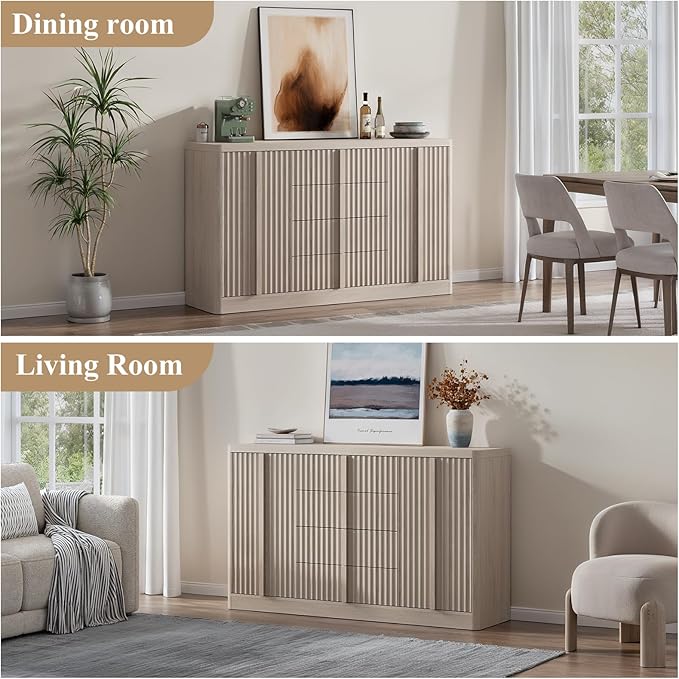 Buffet Cabinet with Storage, 60" Fluted Coffee Bar Cabinet with 4 Drawers & 2 Doors, Solid Wood Handle, Credenza Accent Storage Cabinet for Kitchen Living Dining Room, Natural Oak(1PCS)