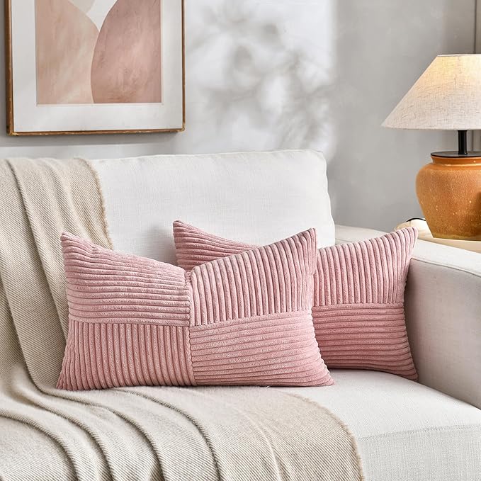 Fancy Homi 2 Packs Blush Pink Lumbar Decorative Throw Pillow Covers 14x24 Inch for Couch Bed, Rustic Farmhouse Boho Home Decor, Soft Striped Corduroy Rectangle Accent Cushion Case 35x60 cm