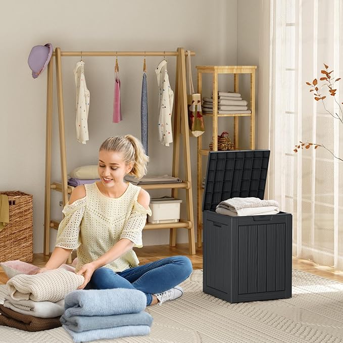 28 Gallon Resin Deck Box, Lockable Outdoor Storage Box for Patio Cushions Storage Furniture,Garden Tools, Pool Supplies, Weatherproof and UV Resistant(Black)