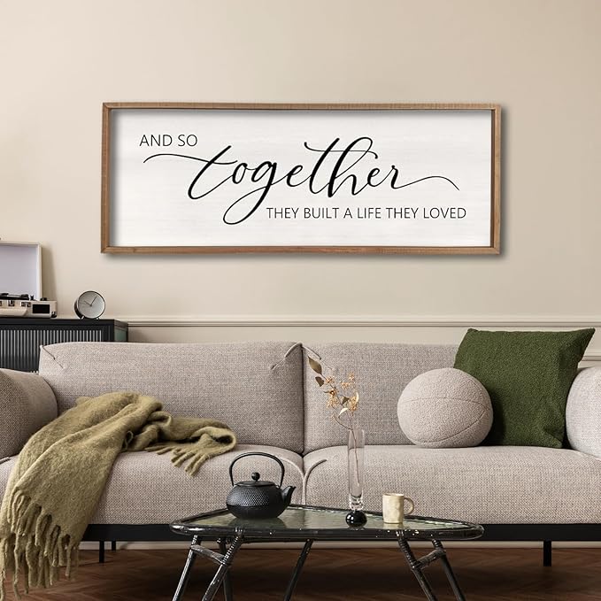 And So Together They Built A Life They Loved Framed Wood Farmhouse Sign - 32'X12' Master Bedroom Above Bed Wall Art for Love Sign Decor