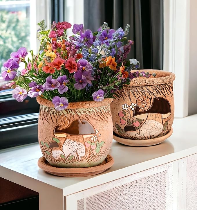 Ceramic Pot with Drainage Hole and Saucer, Plant Pots, Modern Decorative Planters for House Plants Indoor Flowers Plants, Cute Flower Pot - Gifts (Mushrooms)