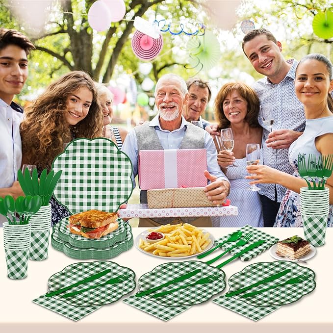 350 Pcs Green Gingham Plates and Napkins Party Supplies - Green and White Checkered Plates Sets Serve 50 Guests - Scalloped Gingham Paper Plate for Birthday Picnic BBQ Golf Party Decorations