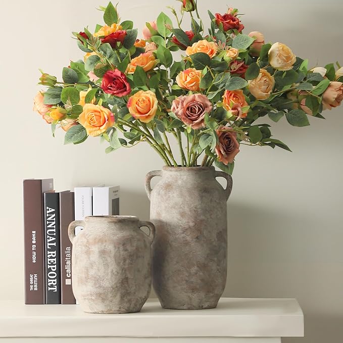 Ceramic Flower Vase Home Decor - 7.6 Inch Farmhouse Rustic Table Vases with Handle Living Room Decoration Decorative Vintage Pottery for Kitchen Shelf Coffee Dining Bookshelf Fireplace Centerpiece