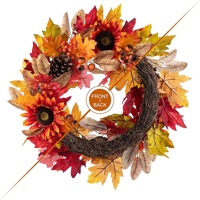 Glitzhome 24''D Fall Wreath with Hanger, Artificial Autumn Wreath for Front Door with Sunflower, Pinecone and Berry, Harvest Wreaths Decor for Indoor Outdoor Holiday Decoration
