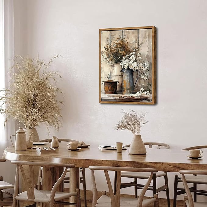 Floating Framed Farmhouse Vintage Canvas Wall Art, Country Floral Daisy Pictures Wall Decor, Wood Grain Art Paintings Poster for Living Room Bedroom Bathroom Rustic Decor 16x24 inch