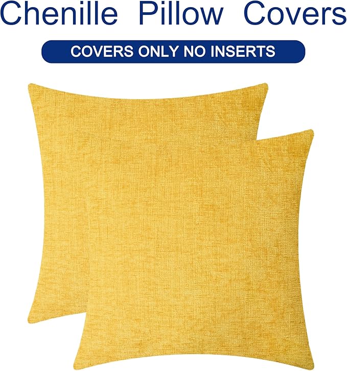 CaliTime Throw Pillow Covers Decorative 18 X 18 Inches Pack of 2 Cozy Chenille Cushion Cases for Couch Sofa Bed Living Room Home Mustard Yellow