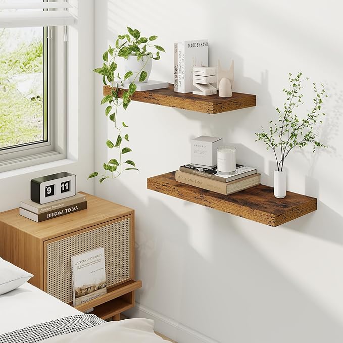 Fun Memories 24 Inch Floating Shelves for Wall, 9 Inch Deep Brown Rustic Wood Wall Mounted Shelves for Bathroom, Kitchen, Living Room, Set of 2