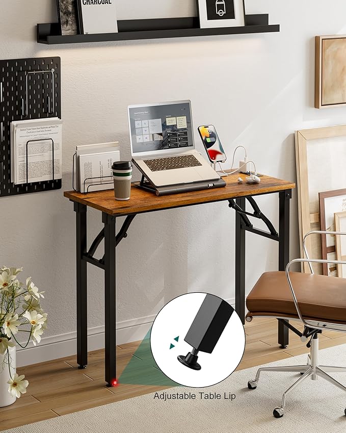 Frylr Small Folding Computer Desk β 35.8 Inch Portable Table for Craft and Study, Lightweight Desk for Small Spaces, Foldable Laptop Table Built-in AC/USB Outlets for Convenience, Rustic Brown