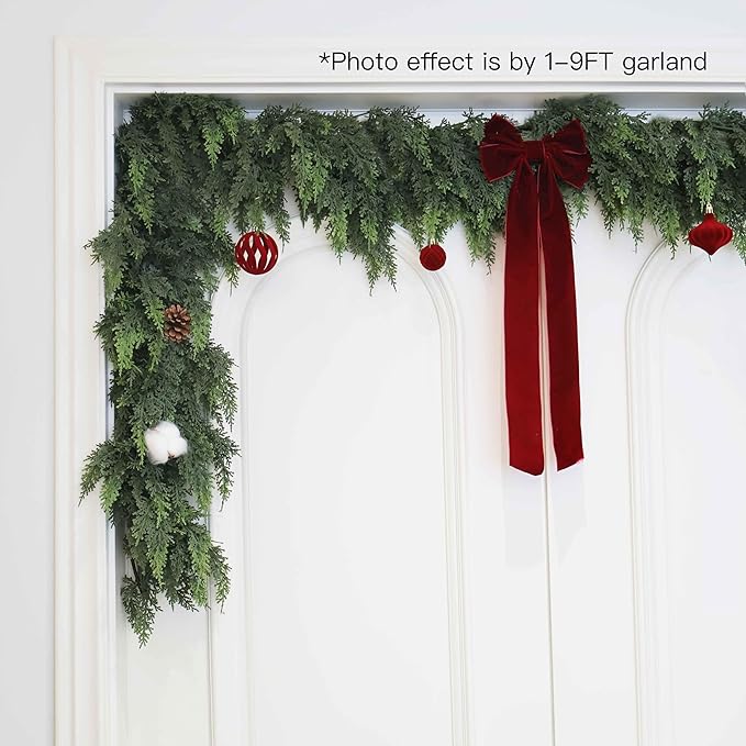 9FT Christmas Cedar Garland Artificial Real Touch Thickness Realistic Greenery Pine Garland for Mantle Fireplace Outdoor Indoor Christmas Decorations