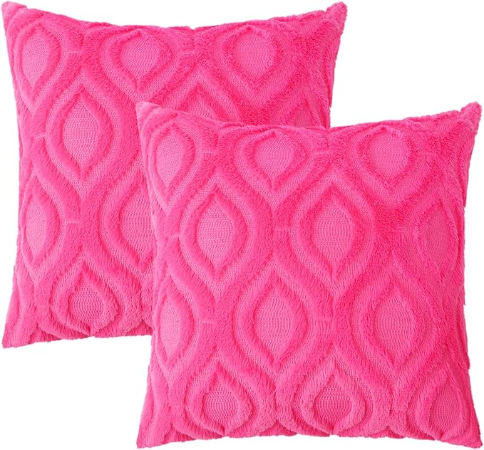 decorUhome Fall Throw Pillow Covers 26x26 Inch Set of 2, Soft Plush Decorative Faux Fur Hot Pink Solid Couch Pillow Covers, Accent Farmhouse Neutral Square Euro Pillow Cases for Sofa Bed Living Room