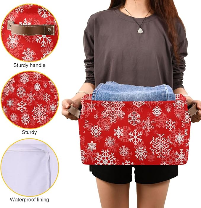 Christmas White Snowflakes on Red Storage Basket Cube Storage Bins Organizer Bag Collapsible Closet Shelf Baskets with handle for Baby Cloth Pet Toy Book 14.2×10.2×8.3 IN