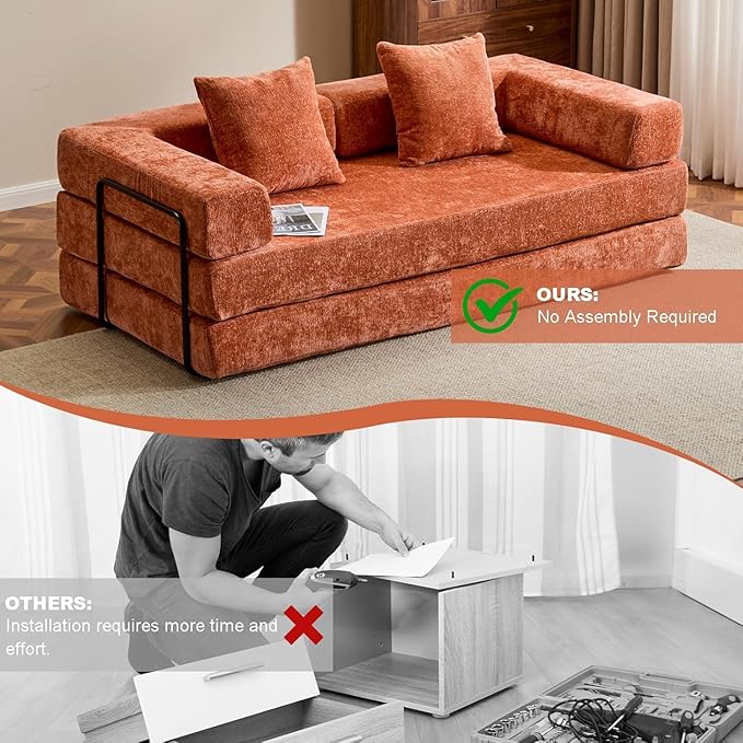 Convertible Sleeper Sofa Bed, Compression Folding Sofa with Pillow, No Assembly Required, Shape Frame, Floor Sofas Lounge Couch for Living Room, Bedroom, Small Spaces (Chenille, 77''W, Orange)